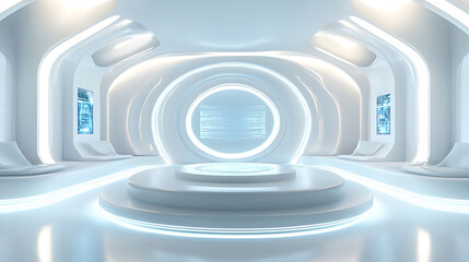 Obraz premium Futuristic technology podium. Sci Fi Futuristic Podium. Futuristic Stage neon. 3D rendering 