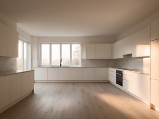 Empty Kitchen Space with Morning Light Streaming In.