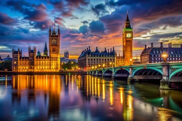 Fototapeta premium Stunning Night Photography of Big Ben Illuminated Against the London Skyline, Capturing the Majestic Clock Tower in All Its Glory, Perfect for Travel and Architectural Themes