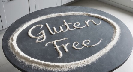 Gluten free written in flour on a dark stone kitchen table.