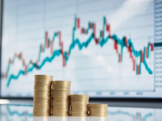 Gold coins stacked in front of financial graph screen.
