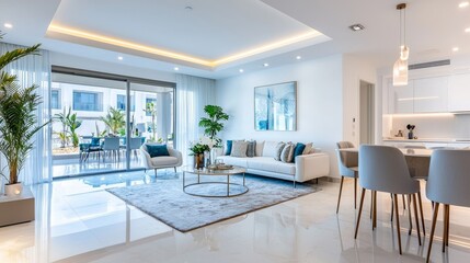 Fototapeta premium A bright and modern living room featuring a stylish sofa, elegant decor, large windows, and a cozy dining area.