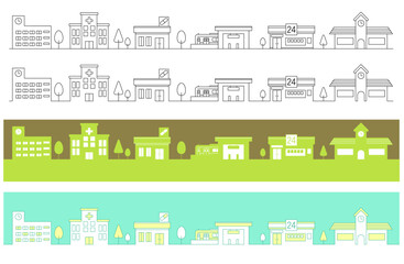 街並み（学校、病院、駅、コンビニ、幼稚園）のフレームベクターイラスト（水彩風）