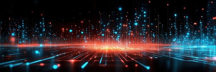 Obraz premium Vibrant Digital Landscape with Glowing Particles and Lines Representing Data Flow and Connectivity in a Futuristic Environment