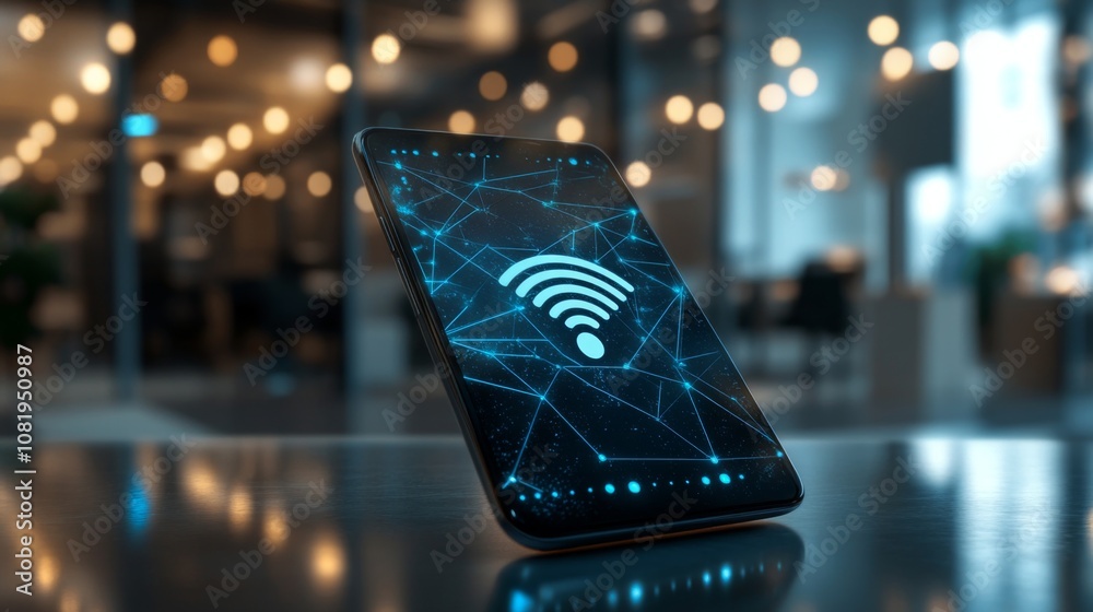 Leinwandbilder modern smartphone displaying wireless connectivity symbol against a blurred background, representing