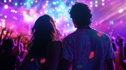 Chilean couple enjoying a concert, standing together in the center of a lively audience, with colorful stage lights and fans cheering