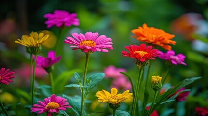 Obraz premium A Vibrant Display of Pink, Yellow, and Red Flowers in a Lush Green Garden