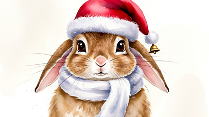 Illustration of a cute rabbit in a Santa hat on a white background