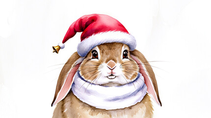 Illustration of a cute rabbit in a Santa hat on a white background