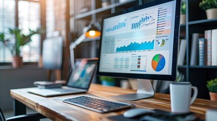 Business data analytics and financial reporting displayed on laptop computer screen in a modern office workspace environment  The display shows various charts graphs