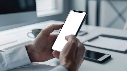 Close up of a hand holding a smartphone on a desk with various business and office accessories in the background representing modern digital communication and productivity in the workplace