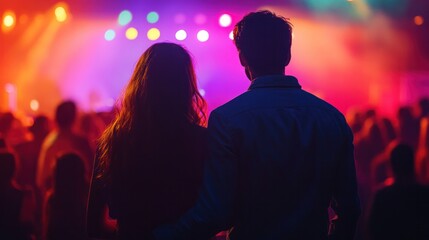 Chilean couple enjoying a concert, standing together in the center of the crowd, front view, illuminated by colorful stage lights
