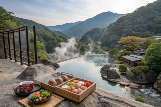Stunning Product Photography of Yufuin Oita's Scenic Hot Springs and Local Delicacies Capturing the Essence of Japanese Culture in a Beautiful Natural Setting