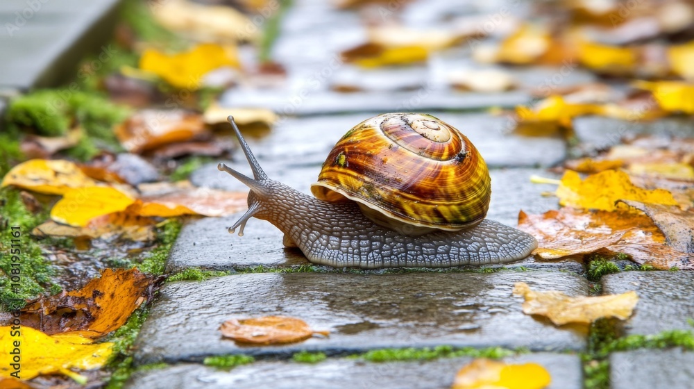 Poster close-up of a colorful snail gliding over wet cobblestone path surrounded by vibrant autumn leaves, 