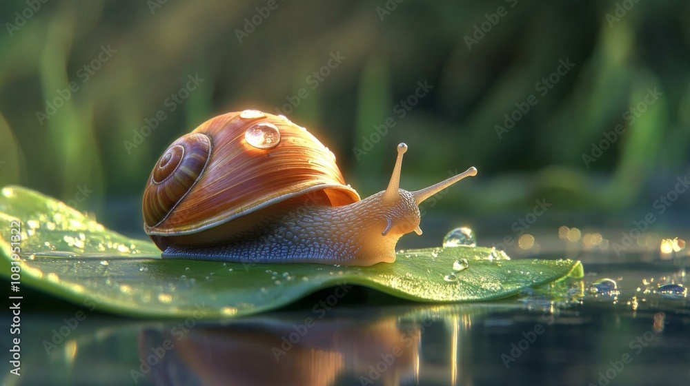 Fototapete detailed close-up of a beautiful snail resting on a vibrant green leaf with morning dew droplets tha