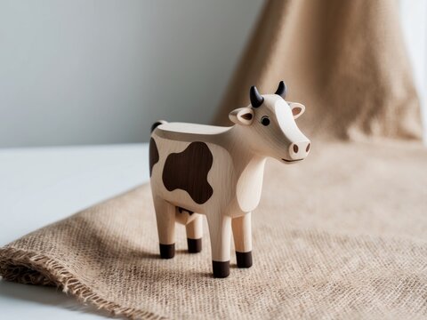 Hand carved wooden toy cow with brown spots standing on a burlap cloth.