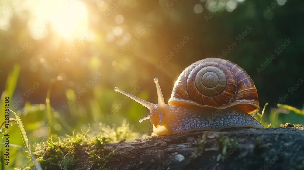Aufkleber close-up of a colorful snail crawling on a log in a sunlit meadow surrounded by green grass and warm