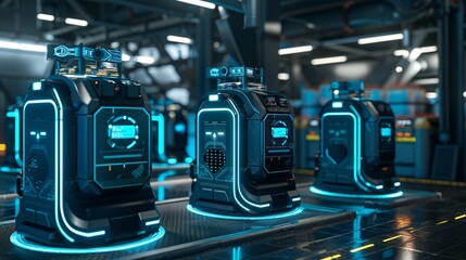 Rows of high tech control panels and digital interfaces in a modern automated industrial facility or factory  Advanced technology robotics and intelligence concepts