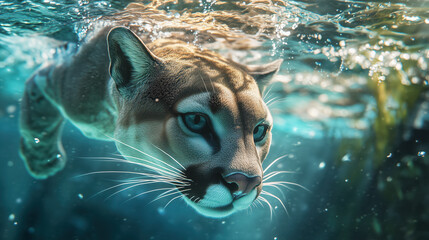 Underwater portrait of puma, hunting in the water