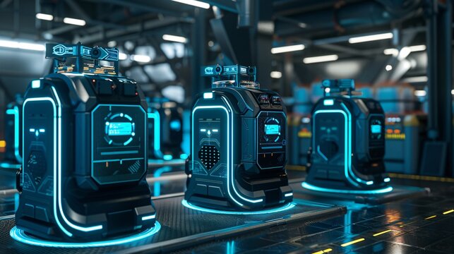 Rows of high tech control panels and digital interfaces in a modern automated industrial facility or factory  Advanced technology robotics and intelligence concepts