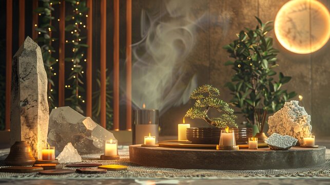 Serene and cozy spiritual ritual arrangement featuring a candle crystals stones moss and botanical elements like branches and dioscorea plant  The image has a tranquil harmonious