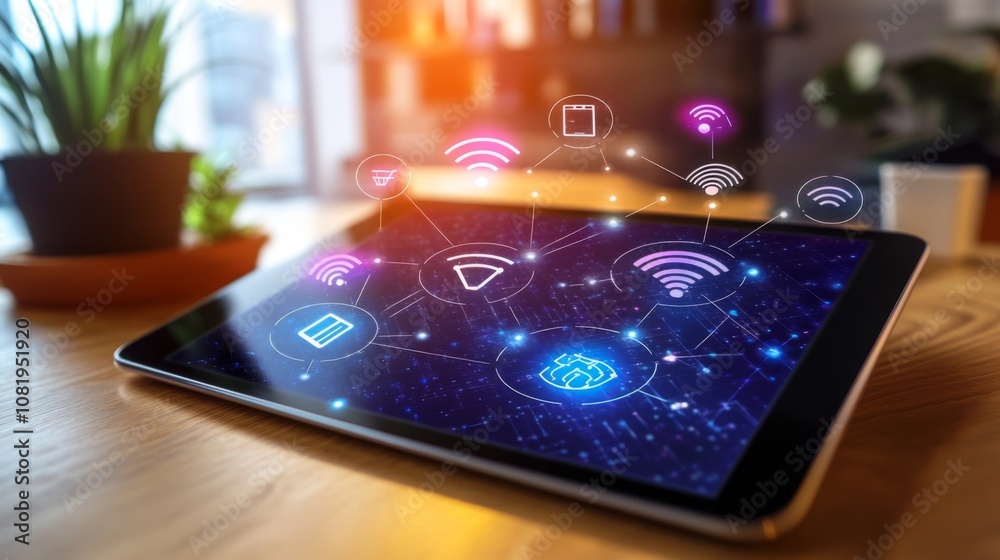 Aufkleber Modern Tablet Device Displaying Digital Connectivity and Network Icons with a Stylish Wooden Background for Futuristic Technology Concepts