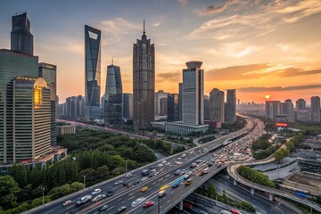 Stunning Sunset Over a Bustling Urban Cityscape with Modern Skyscrapers and Busy Streets, Capturing the Essence of Travel and Transportation in a Vibrant Metropolis