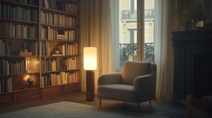 A Cozy Living Room with a Bookcase, Armchair, and Floor Lamp