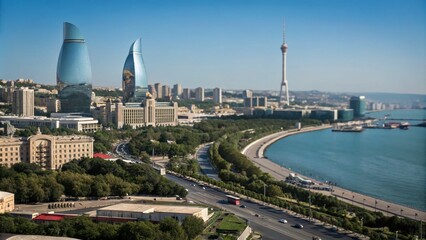 Fototapeta premium Stunning Tilt-Shift Photography of Baku's Endless Skyline with Iconic Flame Towers and Caspian Sea Views, Capturing the Modern Architecture and Vibrant City Life