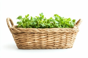 Fototapeta premium Green herbs in a woven wicker basket.