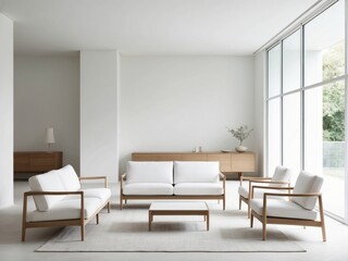 Modern living room setup with a white sofa and wooden furniture in a bright space.