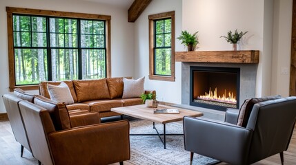 Fototapeta premium A cozy living room featuring a fireplace, wooden accents, inviting seating, and large windows with a view of greenery.