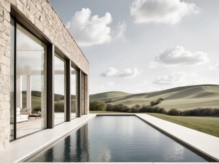 Obraz premium Modern stone house with large windows and pool overlooking a scenic hillside landscape.