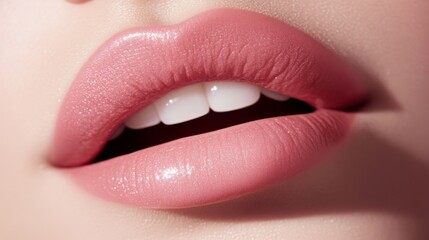 Obraz premium Close-Up of Beautiful Lips with Glossy Pink Lipstick, Perfectly Shaped Teeth in Natural Light, Ideal for Beauty and Cosmetic Product Promotion, Fashion and Makeup