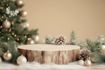 Minimal. Christmas background with a podium for a product presentation . The pedestal is made of natural wood with decorated branches of the Christmas tree. with generative ai