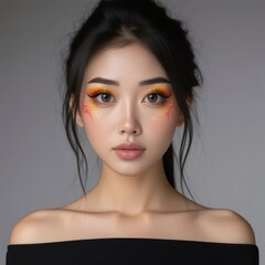 Naklejka premium arafed woman with a black top and orange makeup