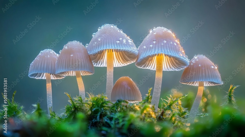 Poster enchanting glow of mushrooms in mist: a captivating forest scene with dewdrops illumination on delic