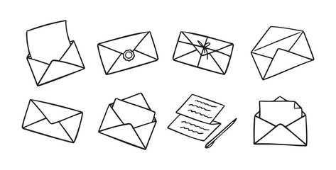 Doodle cute mail outline letters and envelope set. Hand drawn outline mail icon. Mail collection