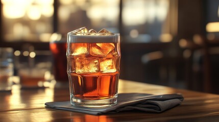 Refreshing Glass of Whiskey with Ice Cubes on a Wooden Table Surrounded by Warm Ambient Light Perfect for Inviting Social Settings and Relaxing Moments
