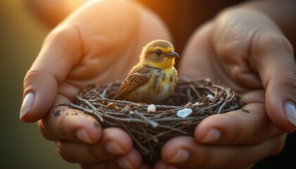 Ocean plastic cleanup. A person gently holds a small bird nestled in a nest, symbolizing care, protection, and the bond between humans and nature.