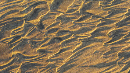 sculpted patterns in beach sand create a mesmerizing, textured surface with organic shapes and flowing lines, evoking a warm, serene coastal ambiance ideal for nature and beach-themed backgrounds.
