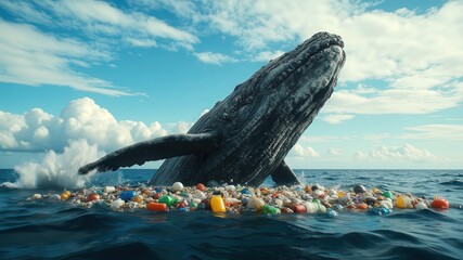 Fototapeta premium Ocean plastic cleanup. A majestic whale breaches the surface, surrounded by colorful plastic waste in the ocean, highlighting the urgent issue of marine pollution.