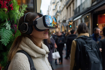 Young woman wearing virtual reality glasses on a city tour. Generated by artificial intelligence