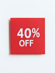 White '40% OFF' Text on a Red Square Paper Note. White Background 