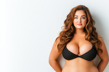 Fototapeta premium A full-length portrait of a sad overweight girl in a black top standing against a plain white wall