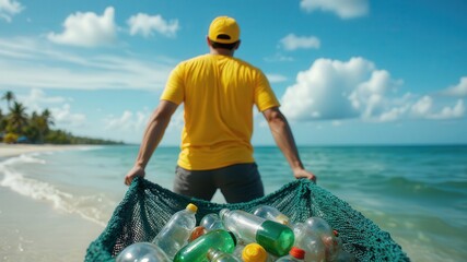 Ocean plastic cleanup. A person in a yellow shirt collects plastic waste from the beach, promoting environmental awareness and ocean cleanup efforts against pollution.