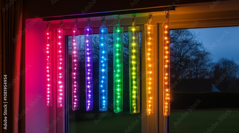 Poster colorful led light strips hanging in a window creating a vibrant atmosphere with rainbow colors illu