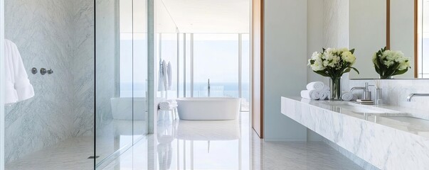 Large mirror reflecting a spacious marble bathroom, bright and airy, light-filled, expansive