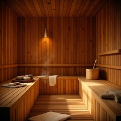 Small home wooden sauna, spa room. Relax in a hot sauna.