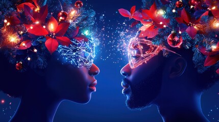 Santa Claus futuristic concept Christmas. A vibrant image of two people with floral crowns and colorful masks, gazing at each other, symbolizing connection and celebration.